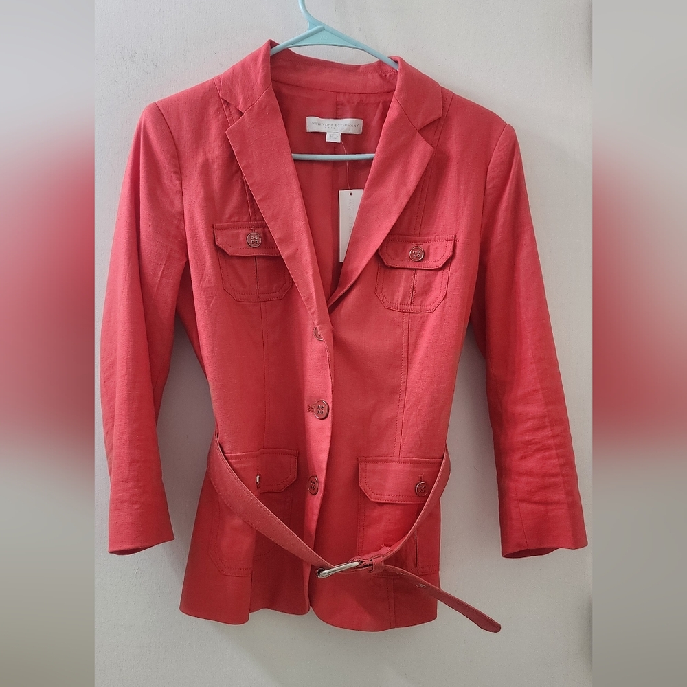 Women’s‎ Coral Red Belted Blazer Jacket, Size 6, Rayon And Linen.